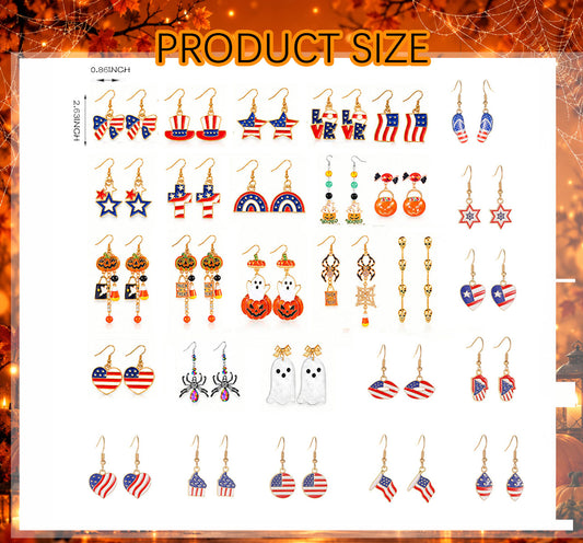 Size chart and dimensions for 28 pairs Halloween and patriotic alloy drop dangle earrings pack