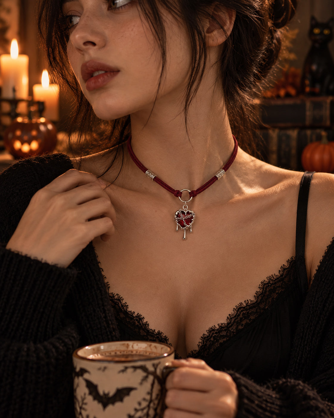 Crimson After Dark Jewelry Set – Gothic Heart Necklace & Earrings