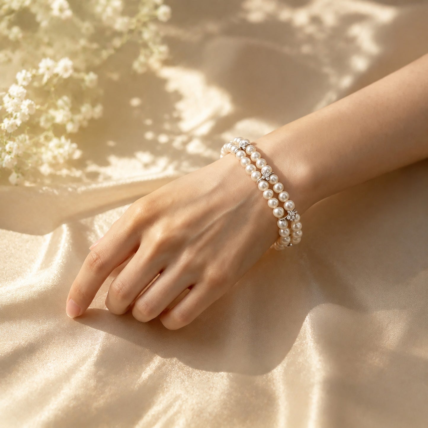 Close up of a woman's wrist wearing a vintage double-row pearl bracelet resting on soft silk.