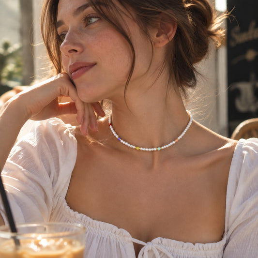 Rainbow Accent Dainty Pearl Choker Necklace – Gold Plated Colorful Beaded Pearl Strand (39cm + 6cm)