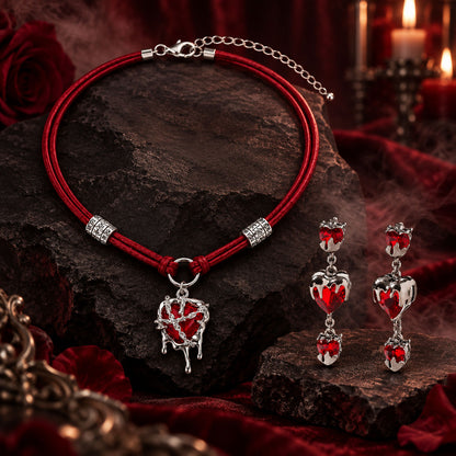 Blood Red Heart Jewelry Set – Gothic Crystal Necklace & Earrings for Halloween & Everyday Glam