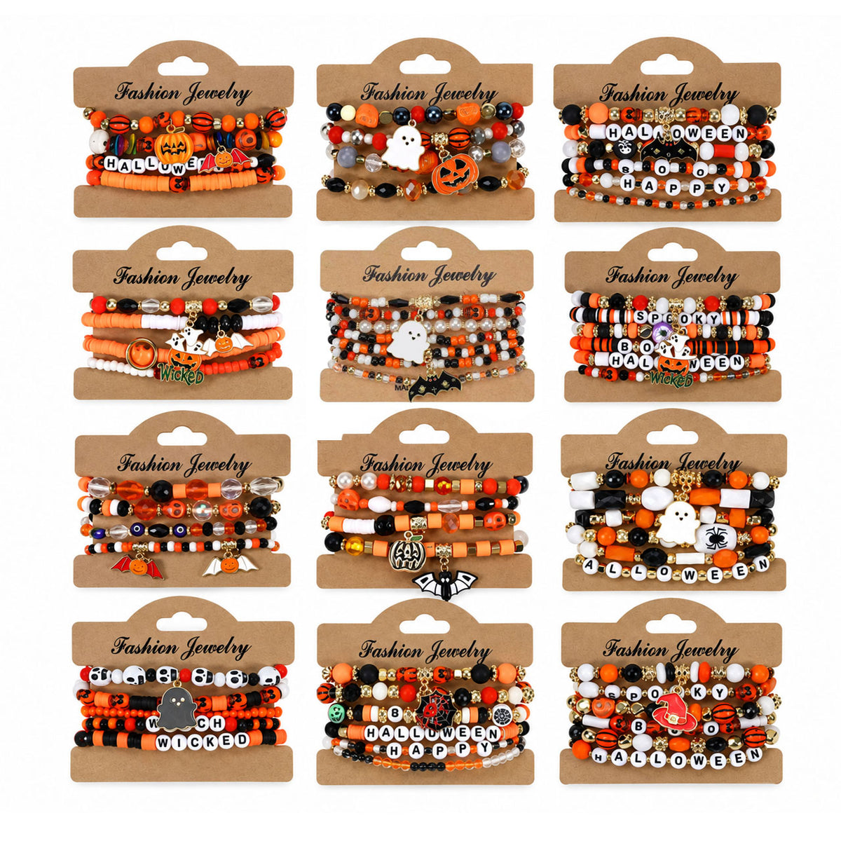 Overview of complete 12 sets Halloween stackable beaded bracelet pack with pumpkin, ghost, and letter beads