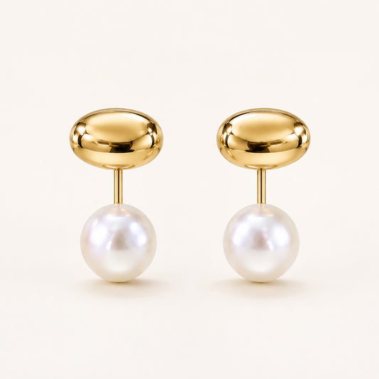 Minimalist front-back stud earrings featuring a polished gold-tone bean and a freshwater pearl drop on a clean white background.
