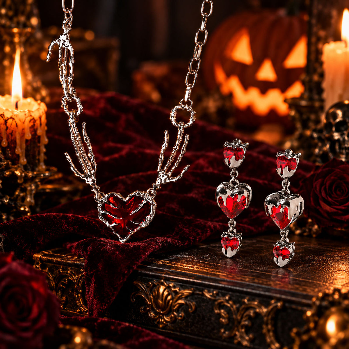 Till Death Do Us Part Gothic Heart Jewelry Set – Necklace & Drop Earrings