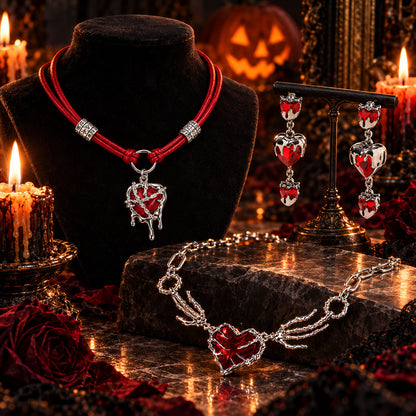 Crimson After Dark Jewelry Set – Gothic Heart Necklace & Earrings