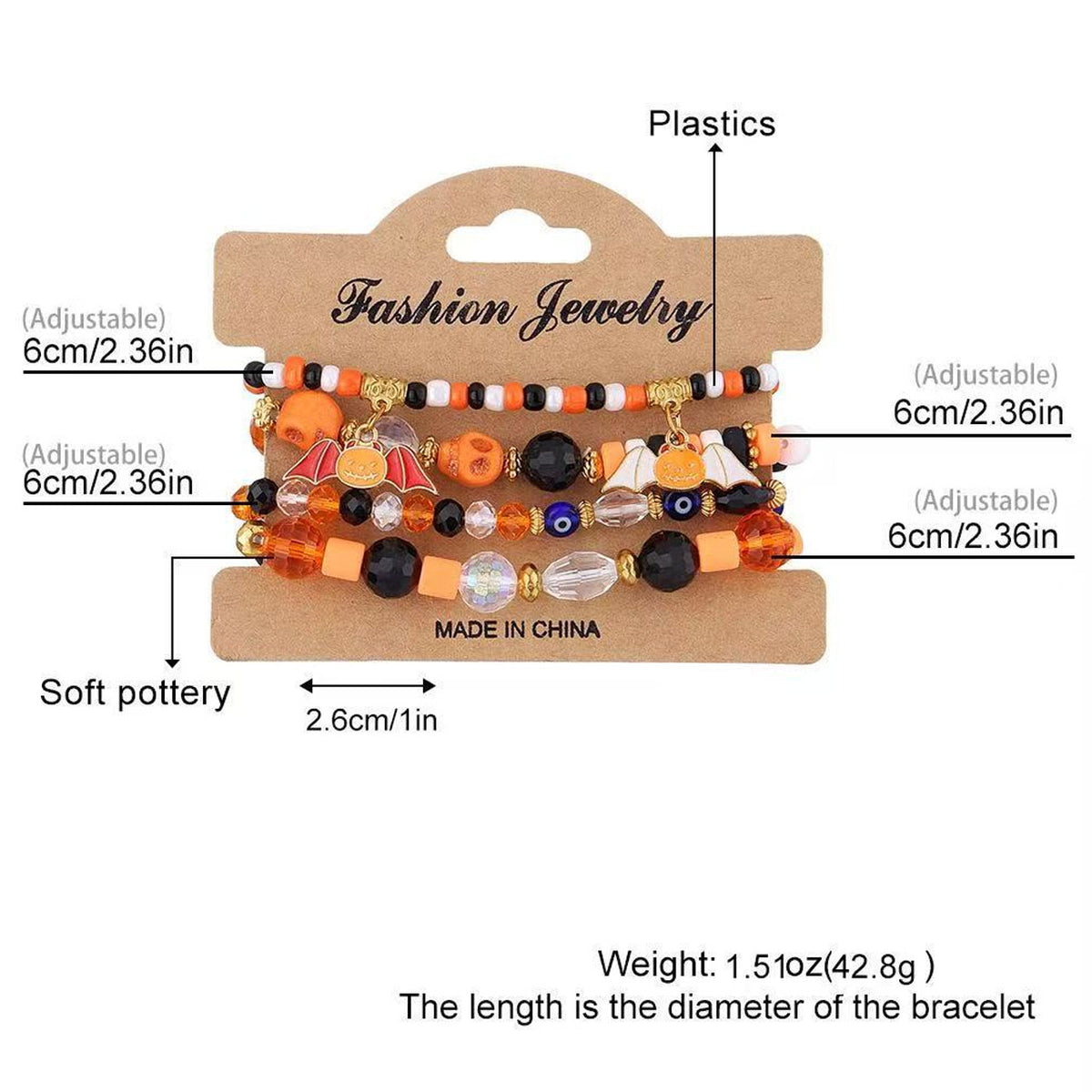 Product size and material breakdown chart for 4-piece Halloween clay bead elastic bracelet card