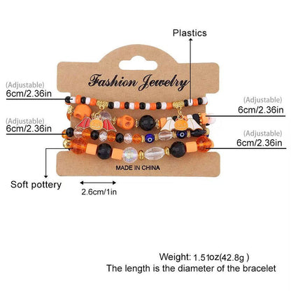 Product size and material breakdown chart for 4-piece Halloween clay bead elastic bracelet card