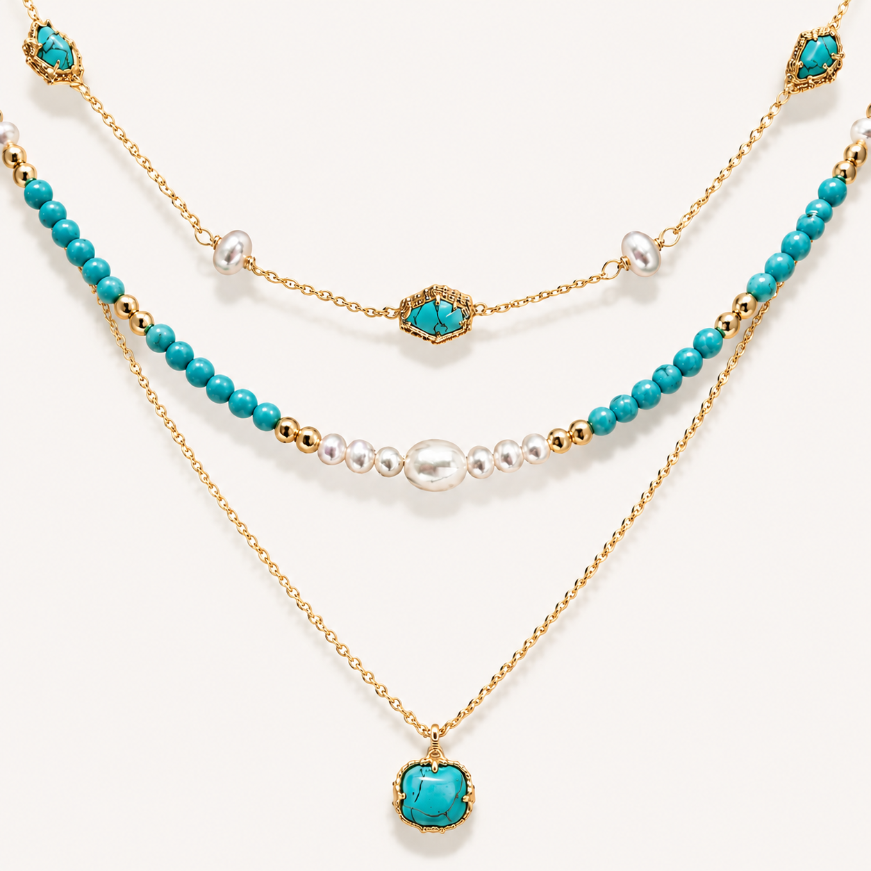 Detailed flat lay of a three-tier 22K gold-plated necklace featuring vibrant turquoise beads, genuine pearls, and a turquoise pendant on a white background.