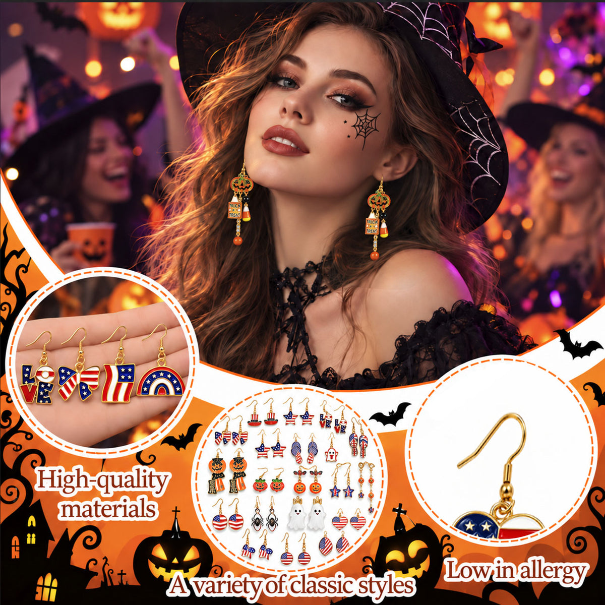 Close-up view of enamel Halloween spider pumpkin and patriotic USA flag dangle earrings with low allergy hooks