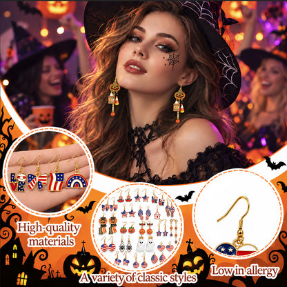 Close-up view of enamel Halloween spider pumpkin and patriotic USA flag dangle earrings with low allergy hooks