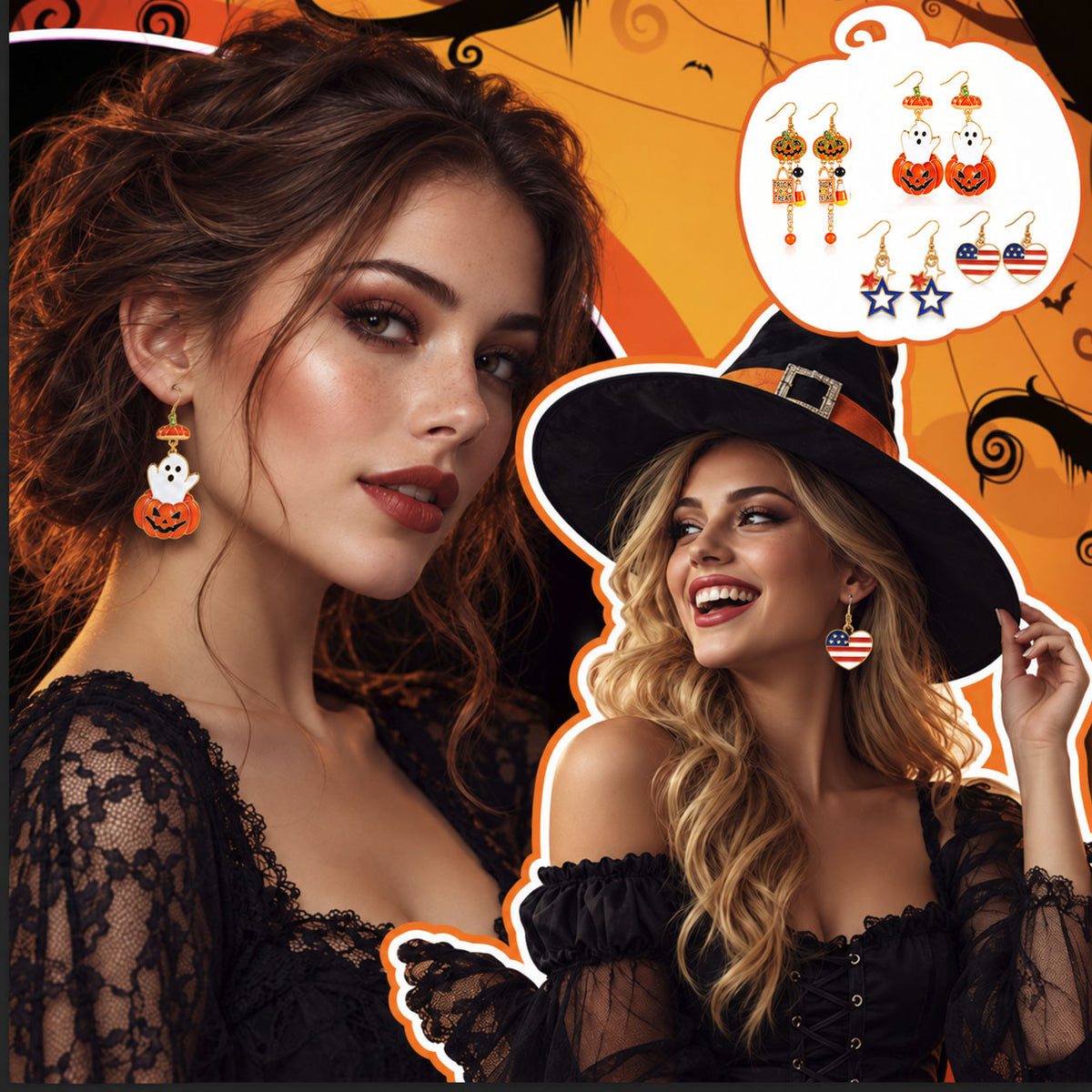 Model wearing cute Halloween ghost pumpkin drop earrings and patriotic star heart dangle earrings