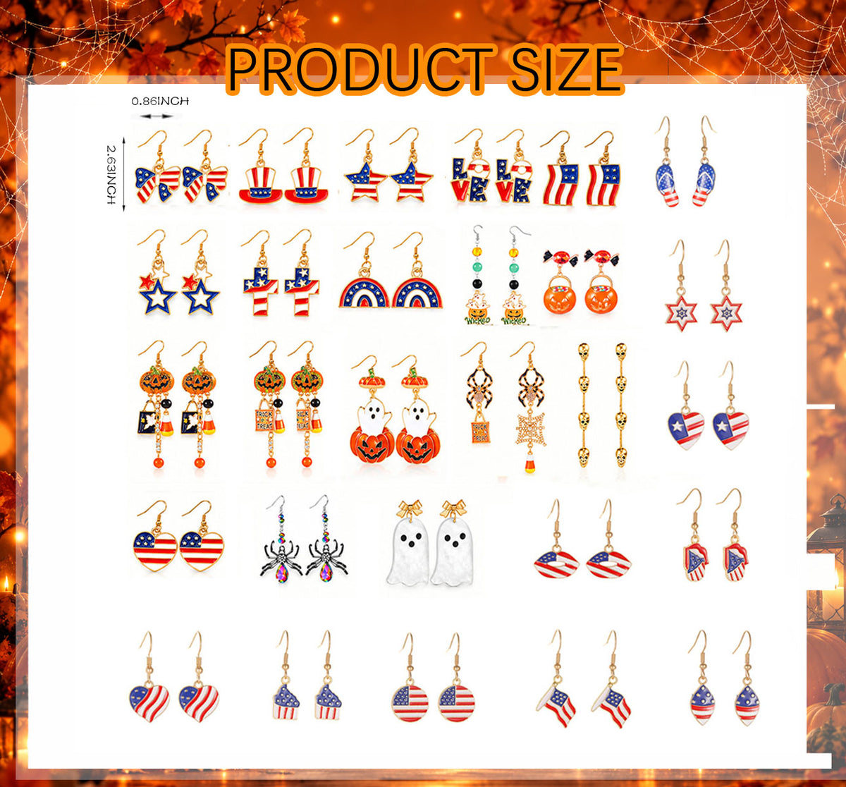 Size chart and dimensions for 28 pairs Halloween and patriotic alloy drop dangle earrings pack