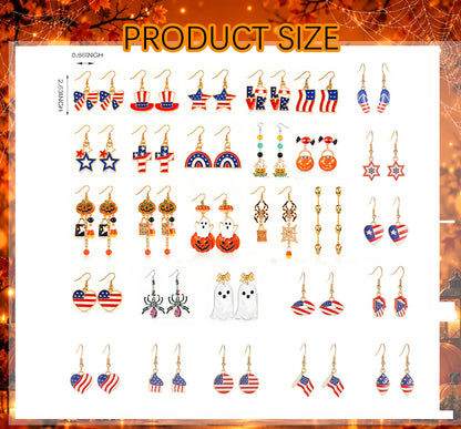 Size chart and dimensions for 28 pairs Halloween and patriotic alloy drop dangle earrings pack