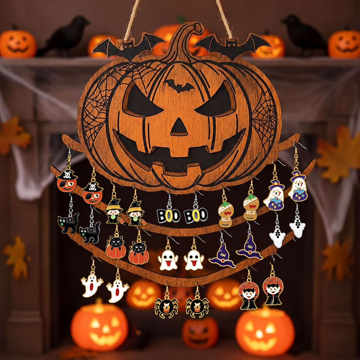 Halloween drop dangle earrings hanging on a carved wooden pumpkin jewelry organizer