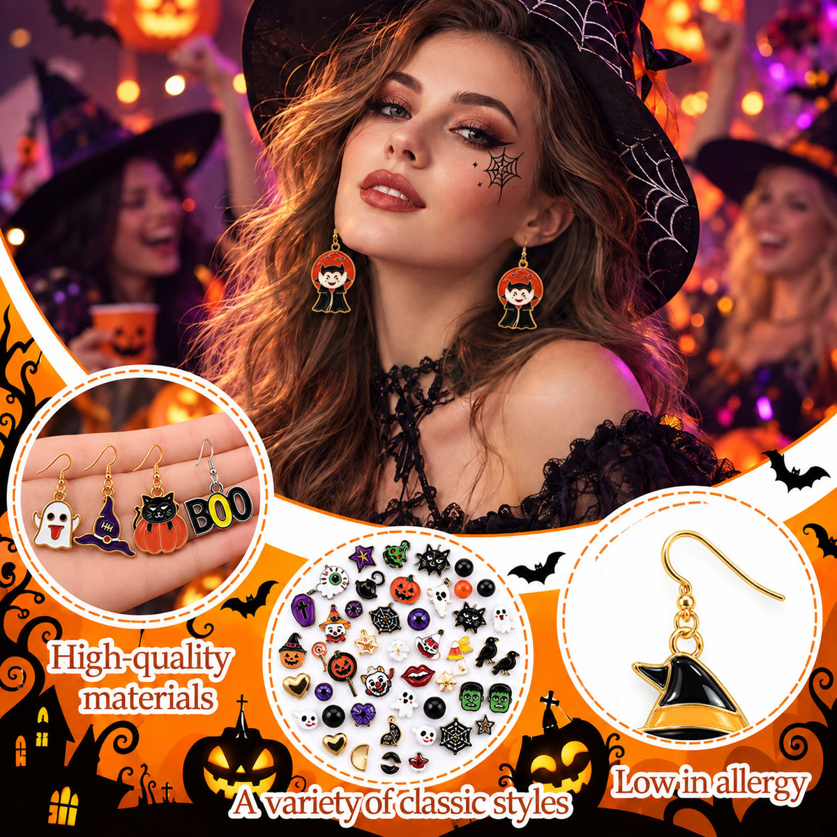 Detail view of high quality enamel Halloween earrings including vampire, black cat, and witch hat studs