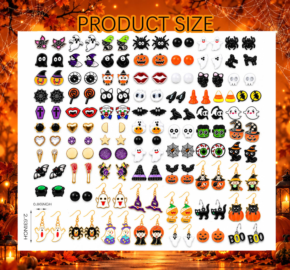 Dimension and size overview chart for 78 pairs Halloween alloy stud and drop earrings set