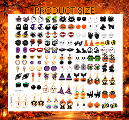 Dimension and size overview chart for 78 pairs Halloween alloy stud and drop earrings set