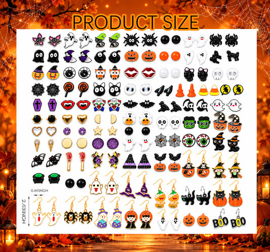 Dimension and size overview chart for 78 pairs Halloween alloy stud and drop earrings set