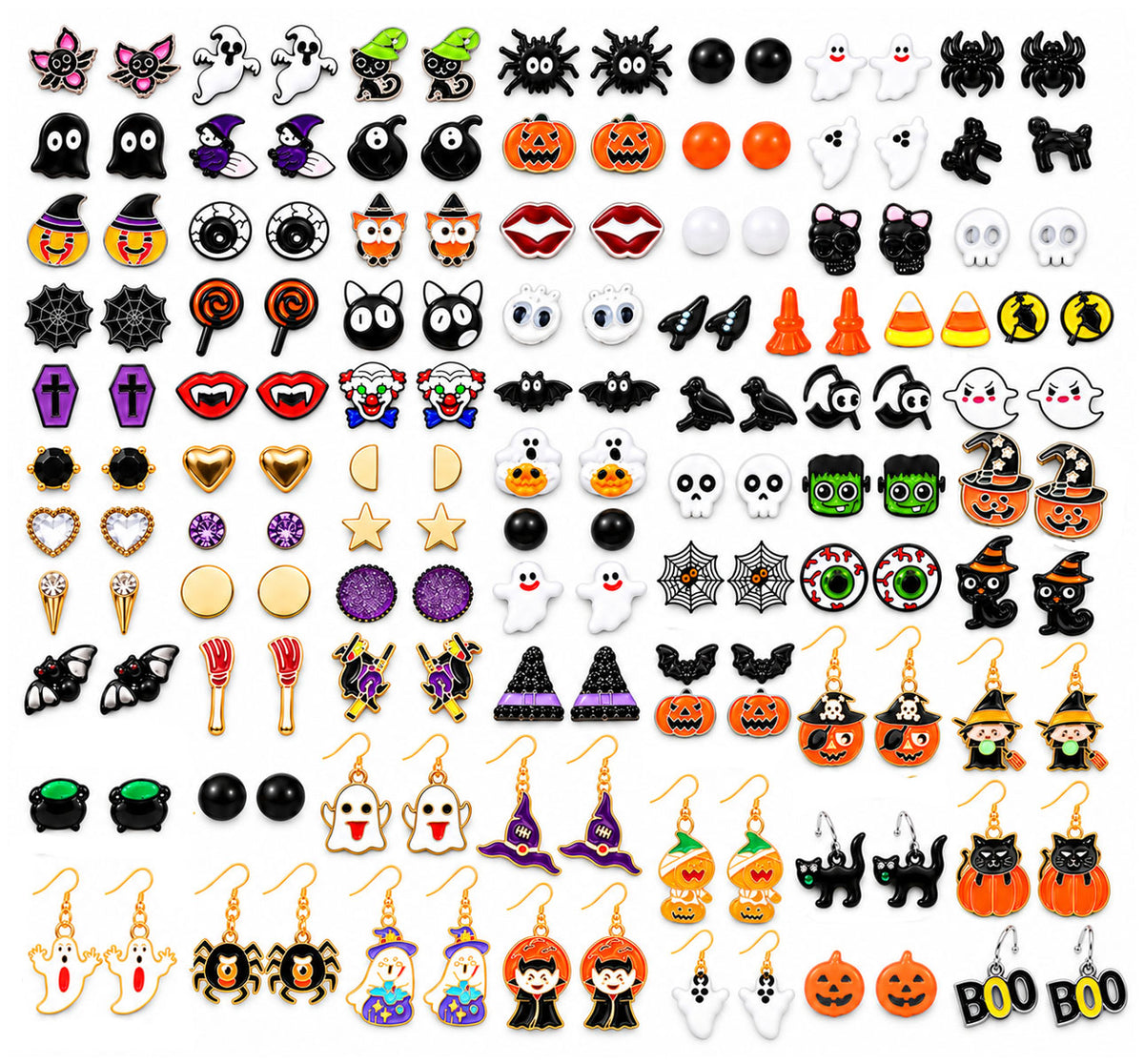 Flatlay of 78 pairs Halloween stud and dangle earrings featuring ghosts, pumpkins, bats, and witches