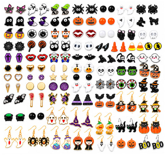 Flatlay of 78 pairs Halloween stud and dangle earrings featuring ghosts, pumpkins, bats, and witches