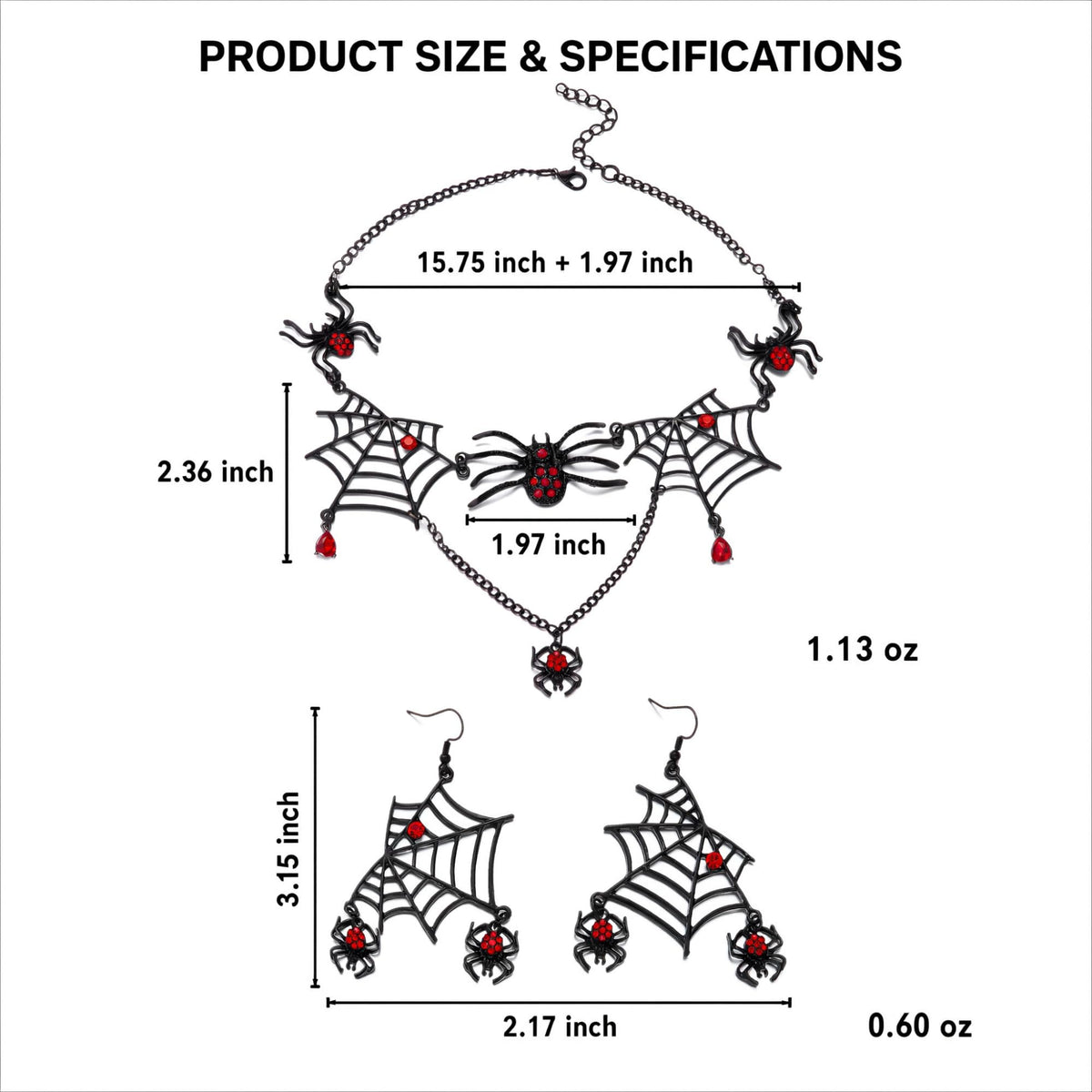 Size and weight specification guide for gothic spiderweb necklace and dangle earrings