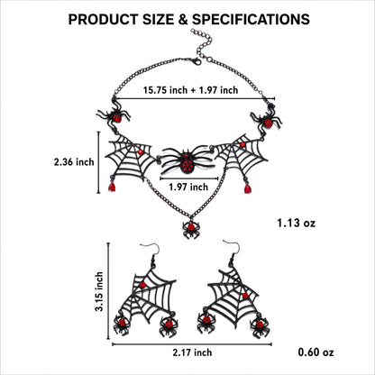 Size and weight specification guide for gothic spiderweb necklace and dangle earrings