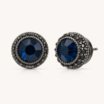 Striking 10mm black cubic zirconia halo stud earrings on a minimalist white background.