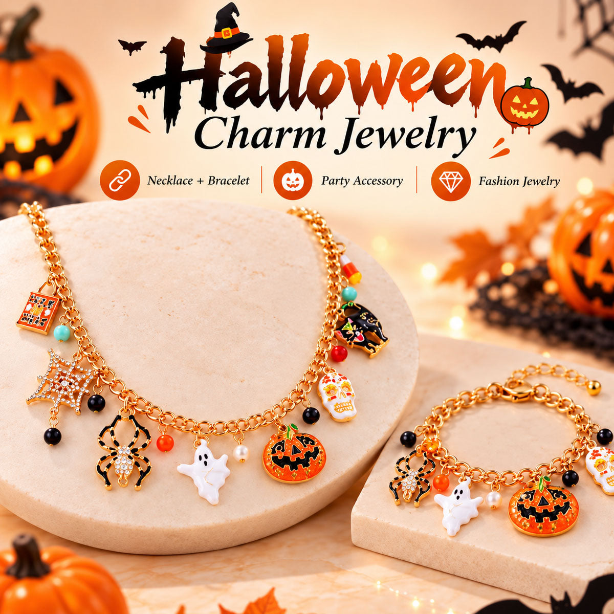 Halloween charm jewelry set presentation on beige display with pumpkin decorations and bats