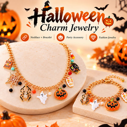 Halloween charm jewelry set presentation on beige display with pumpkin decorations and bats