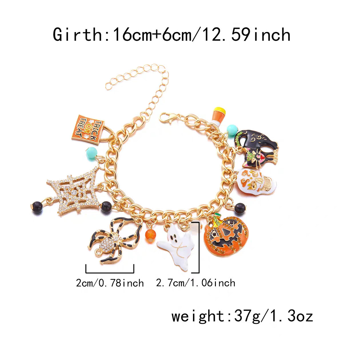 Size and weight specification chart for gold Halloween charm bracelet