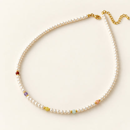 Rainbow Accent Dainty Pearl Choker Necklace – Gold Plated Colorful Beaded Pearl Strand (39cm + 6cm)