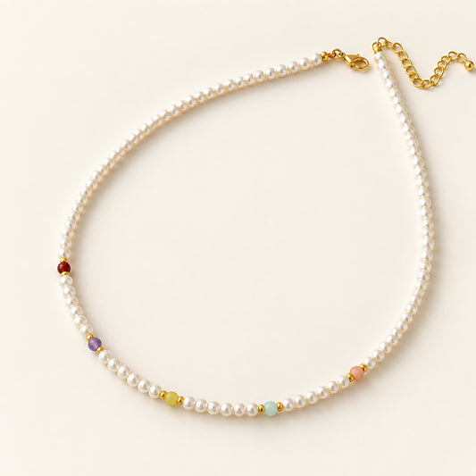 Rainbow Accent Dainty Pearl Choker Necklace – Gold Plated Colorful Beaded Pearl Strand (39cm + 6cm)