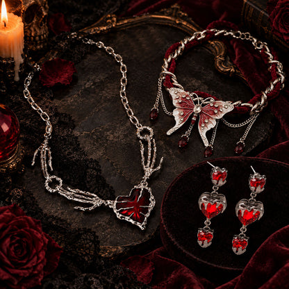 Dark Romance Crimson Heart Choker Earrings Butterfly Choker Set