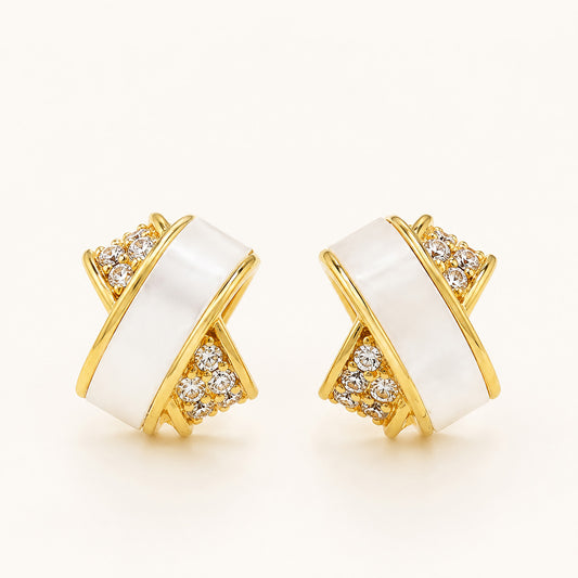 Minimalist gold-tone criss-cross double-layer stud earrings with zirconia on a clean white background.