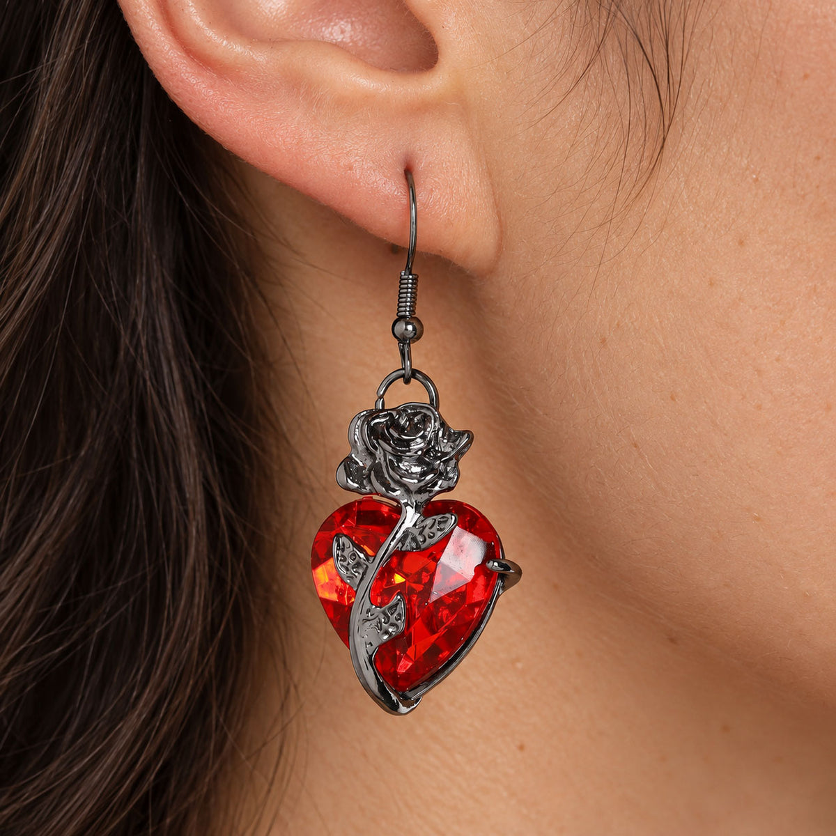 Gothic Red Heart Crystal Rose Jewelry Set