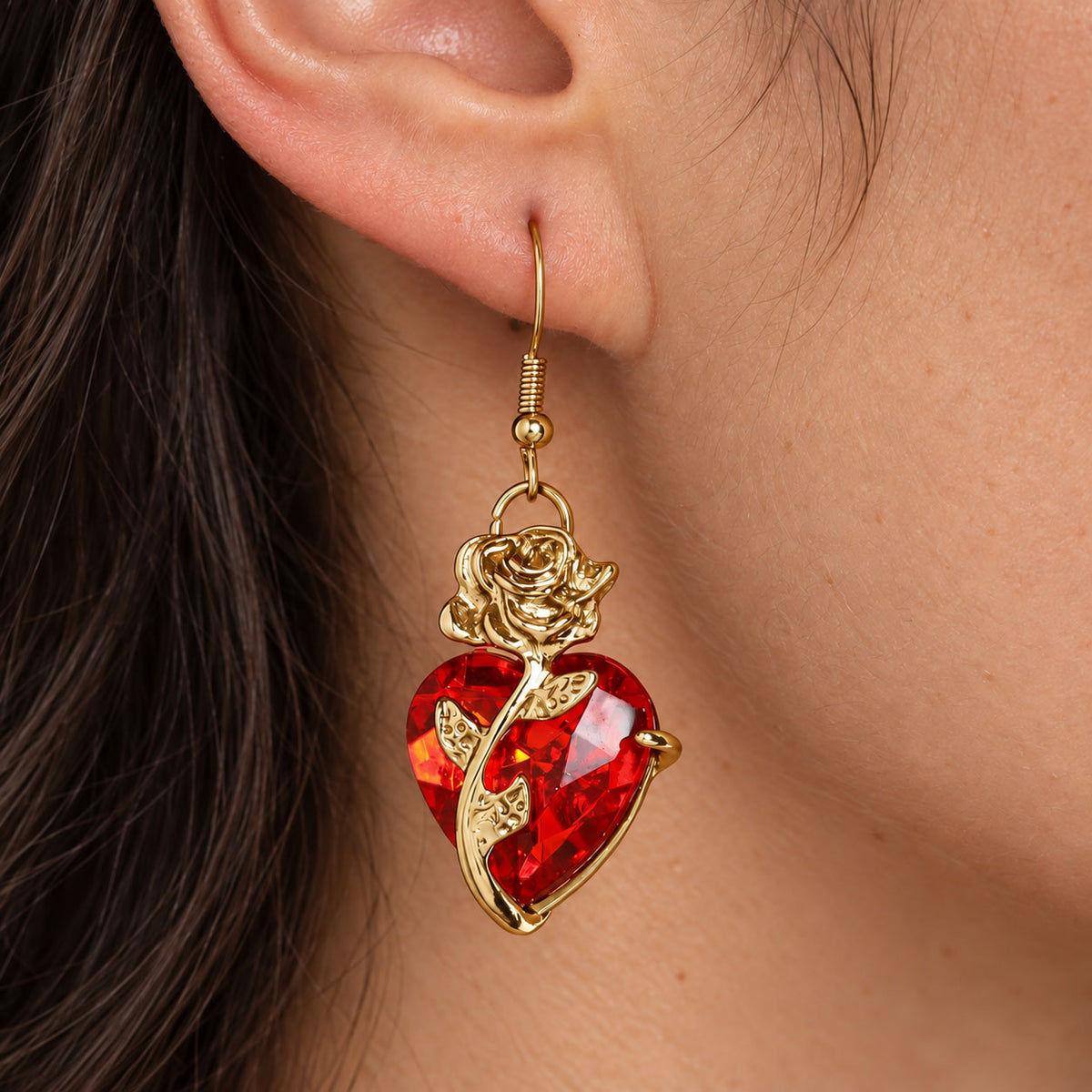 Gothic Red Heart Crystal Rose Jewelry Set