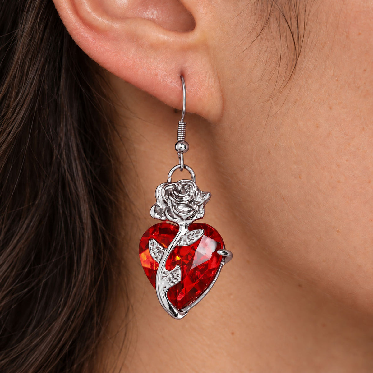 Gothic Red Heart Crystal Rose Jewelry Set