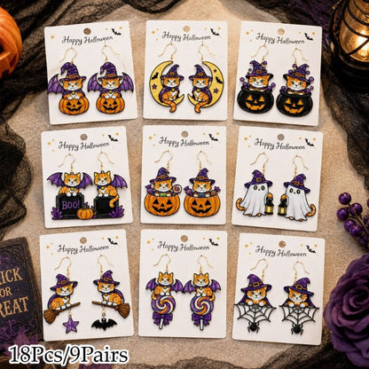 18-piece 9-pair Halloween cat dangle earrings mounted on Happy Halloween packaging cards