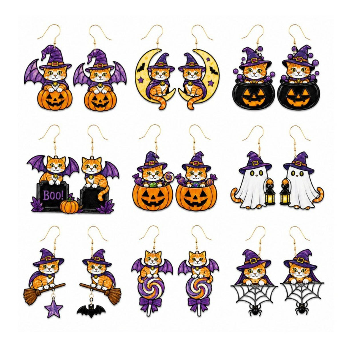 Complete 9 pairs set of cute Halloween witch cat drop earrings on white background