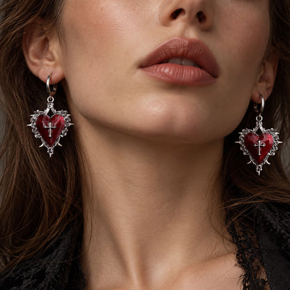Gothic red velvet choker necklace with cross heart pendant and matching red heart drop earrings set