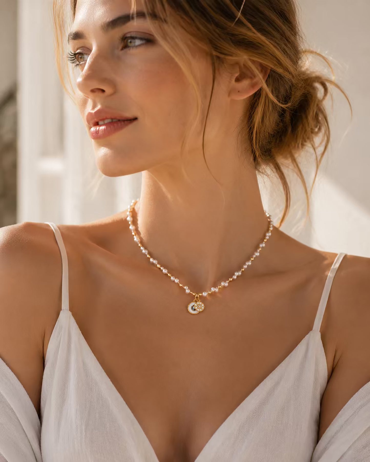 Elegant woman wearing a vintage double disc pearl necklace in gold-tone with a white dress.