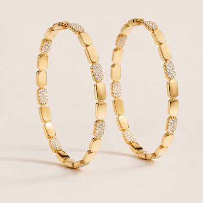 Pair of 3.8cm gold textured link hoop earrings with pave cz crystal and 925 silver posts