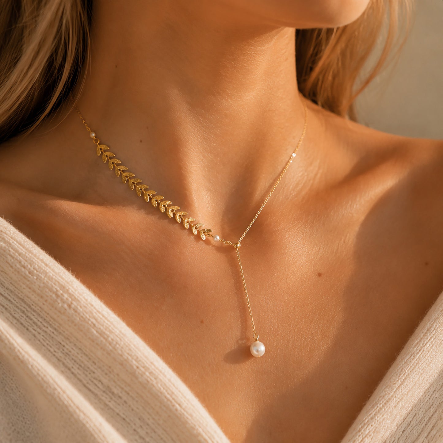 Close-up of an elegant 18K gold-tone Y-necklace featuring an asymmetrical wheat motif and a luminescent pearl pendant on a woman's collarbone.