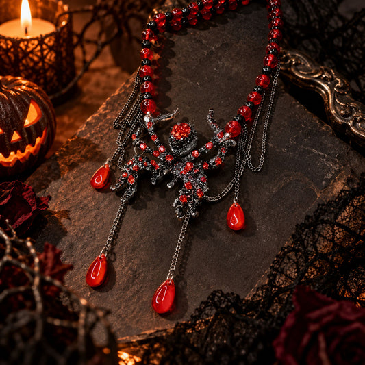 Close-up of gothic crimson spider choker necklace with red teardrop beads on dark stone slab