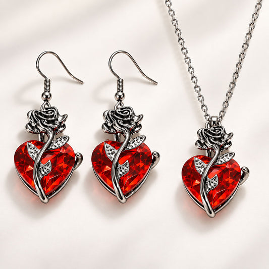 Gunmetal black gothic rose wrapped red crystal heart pendant necklace and matching drop dangle earrings set