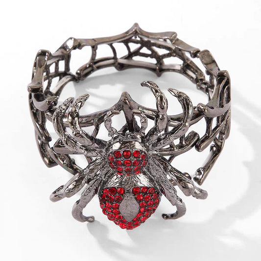 Gothic dark alloy spiderweb stretch bracelet featuring crimson rhinestone spider on white background