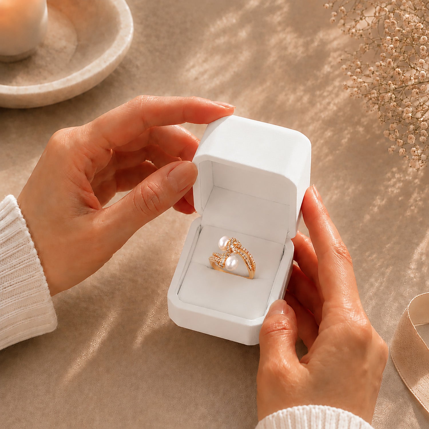 Hands gently opening a premium white Moonlook jewelry box revealing a delicate gold-tone pearl and zircon knot ring.