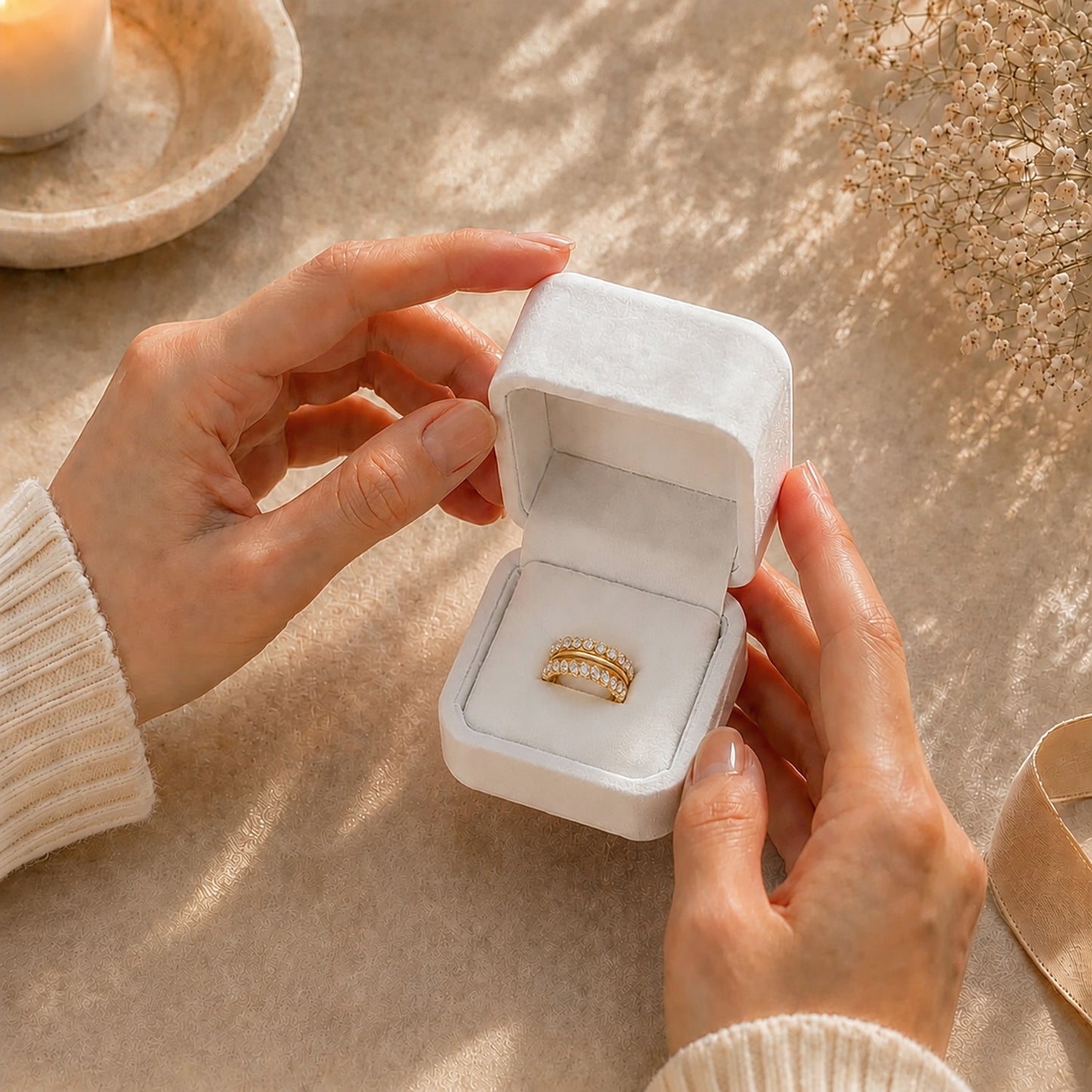 Hands gently opening a white Moonlook presentation box to reveal a glowing 18K gold-tone zirconia stacking ring set.