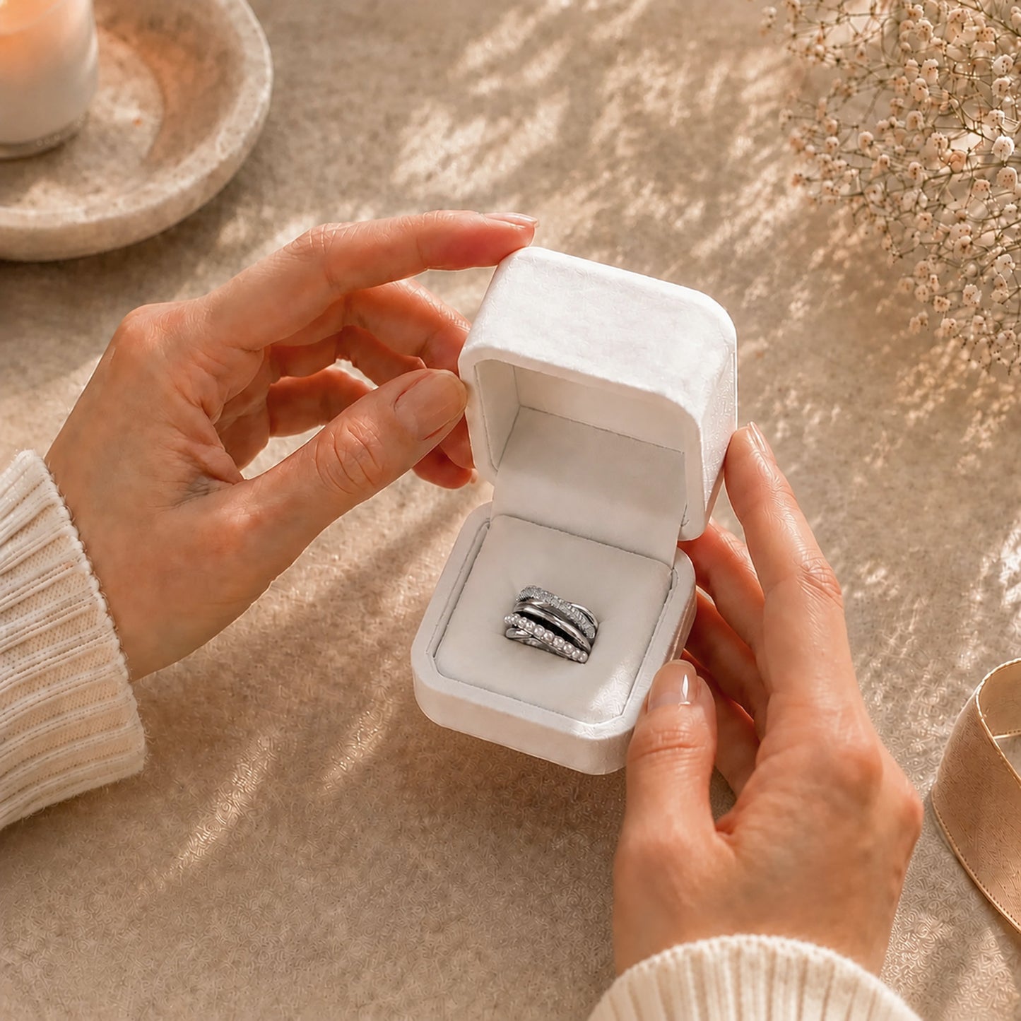Hands gently opening a premium white Moonlook jewelry box revealing a stunning multi-layer wrapped pearl and zircon ring.