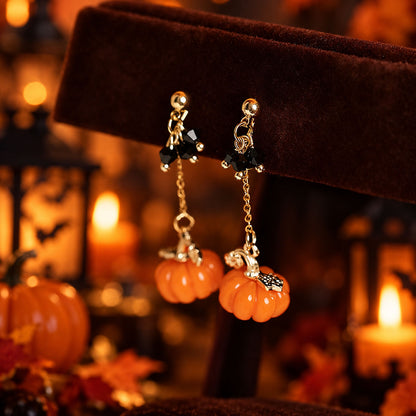 Cute Orange Pumpkin Dangle Drop Earrings with Black Crystal Accents